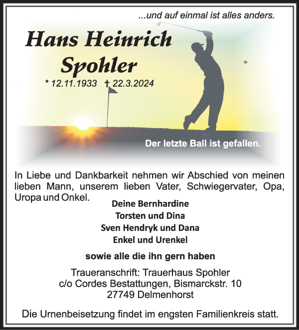Traueranzeige von Hans Heinrich Spohler von WESER-KURIER