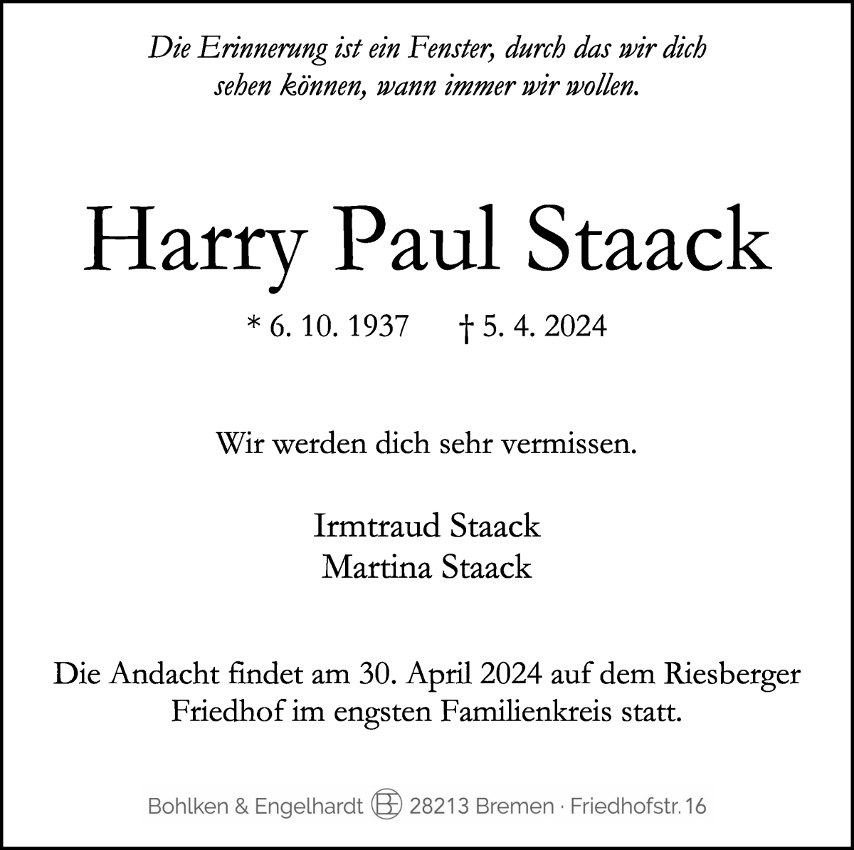 Traueranzeige von Harry Paul Staack von WESER-KURIER
