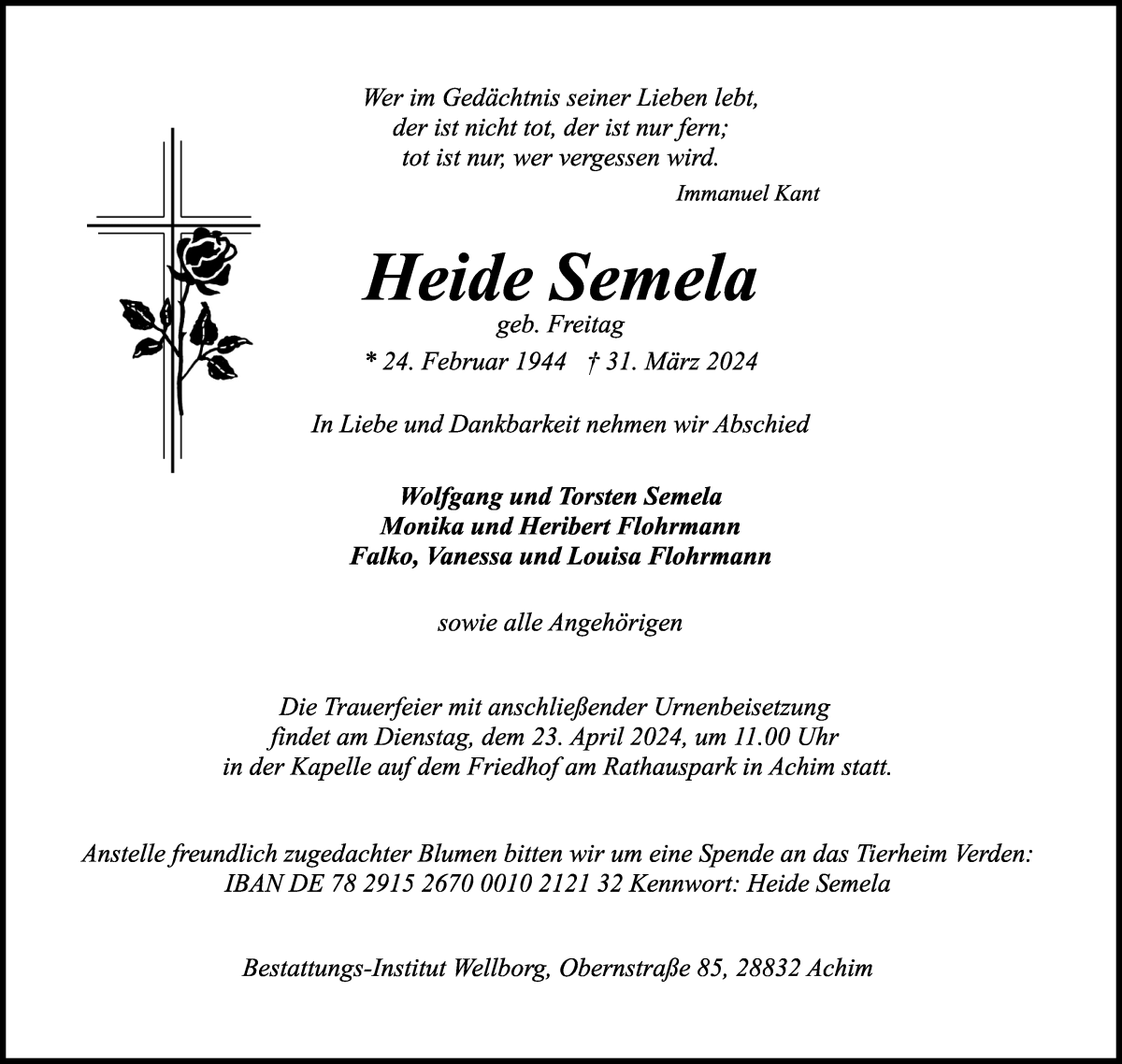 Traueranzeige von Heide Semela von Achimer Kurier/Verdener Nachrichten