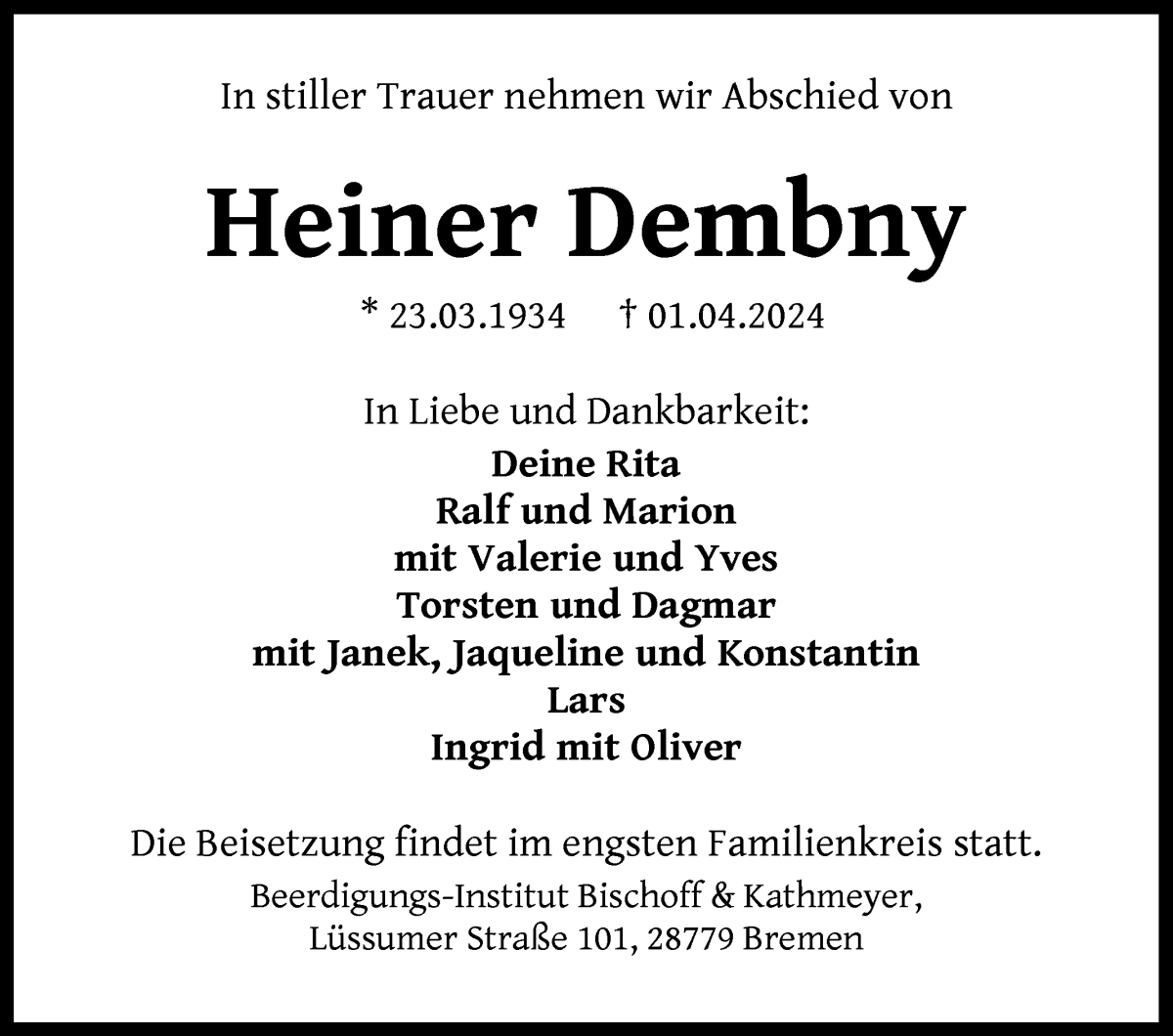 Traueranzeige von Heiner Dembny von Die Norddeutsche