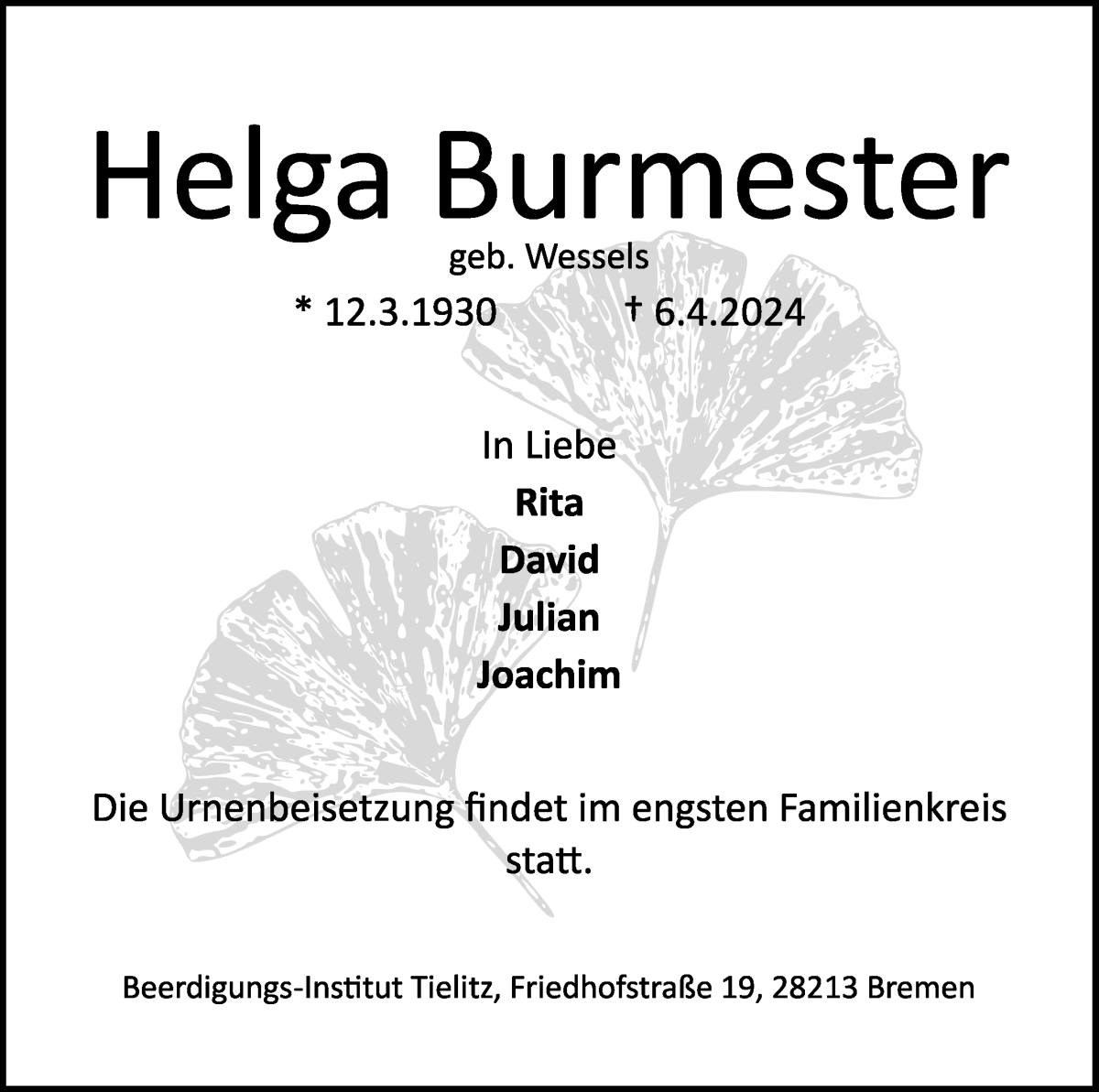 Traueranzeige von Helga Burmester von WESER-KURIER