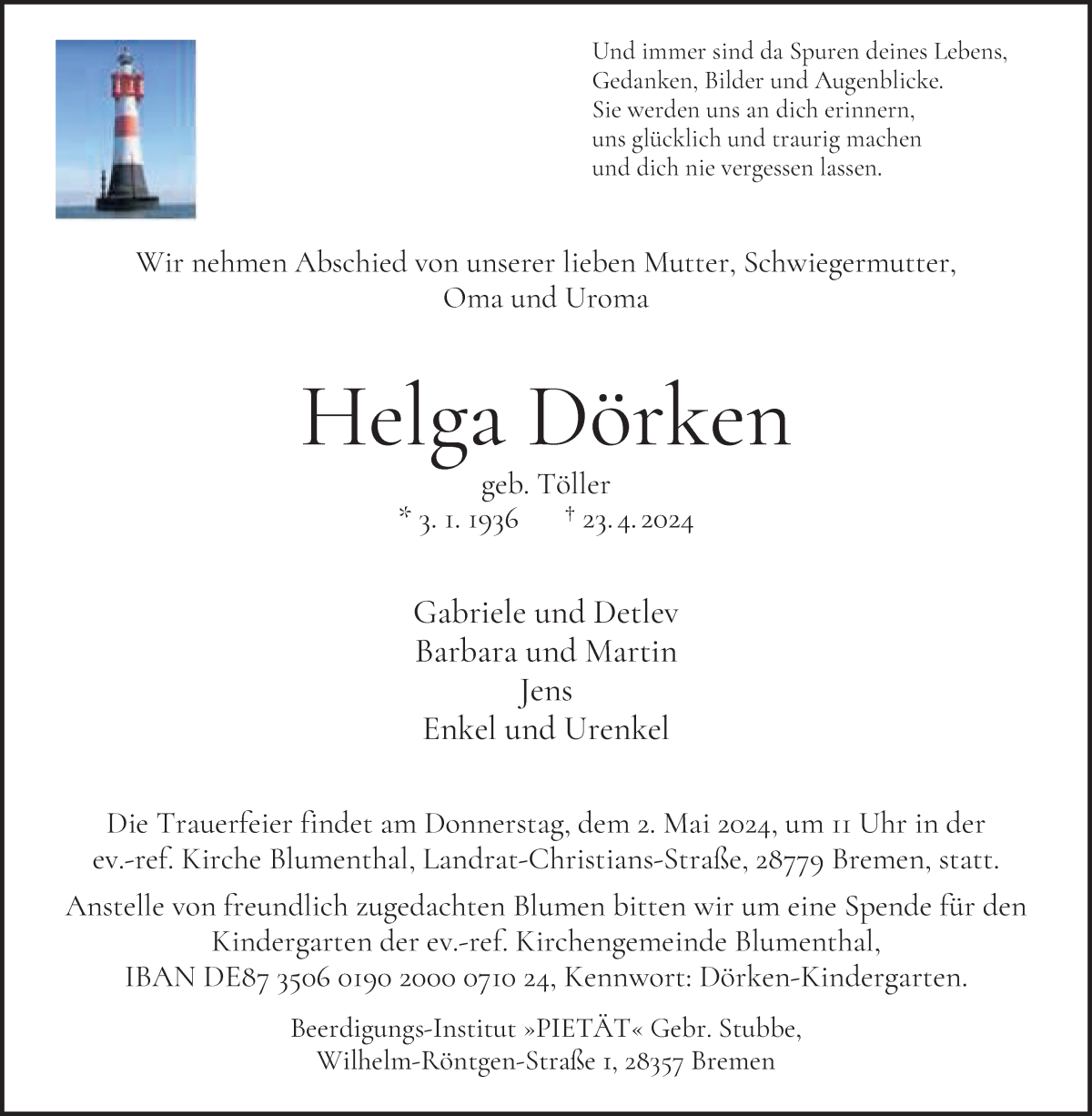 Traueranzeige von Helga Dörken von Die Norddeutsche