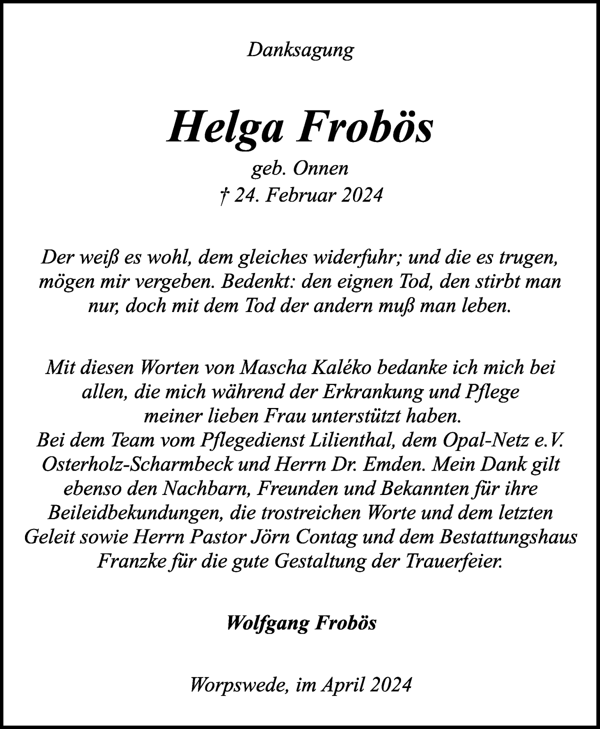 Traueranzeige von Helga Frobös von Wuemme Zeitung