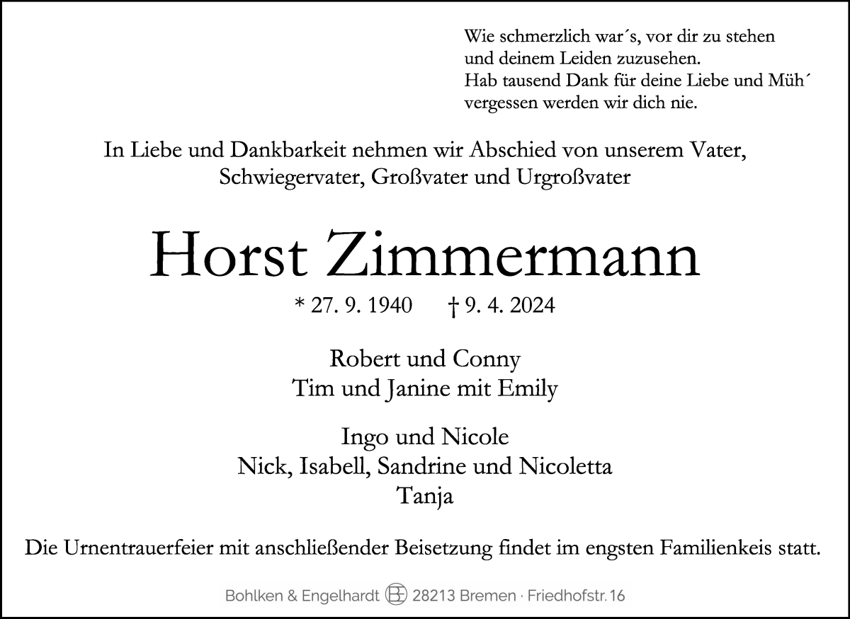 Traueranzeige von Horst Zimmermann von WESER-KURIER