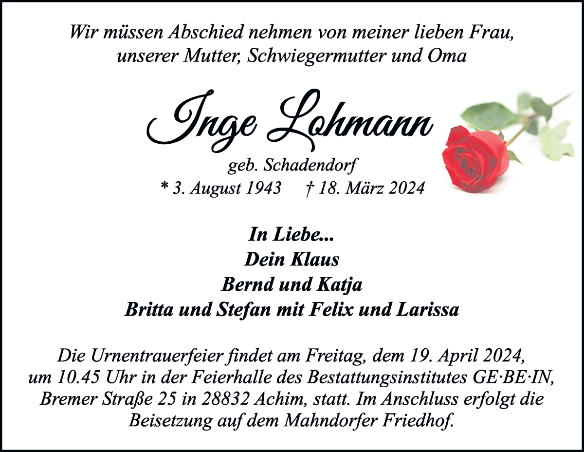 Traueranzeige von Inge Lohmann von WESER-KURIER