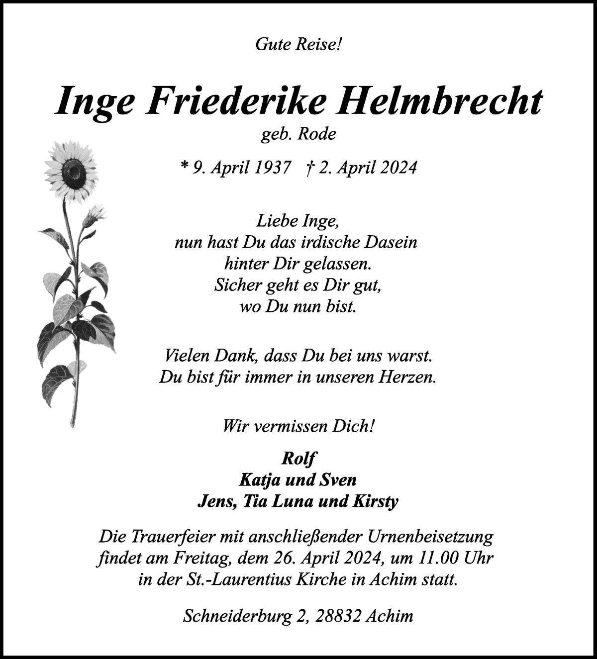 Traueranzeige von Inge Friederike Helmbrecht von Achimer Kurier/Verdener Nachrichten