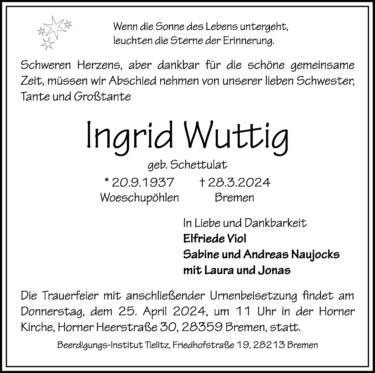 Traueranzeige von Ingrid Wuttig von WESER-KURIER