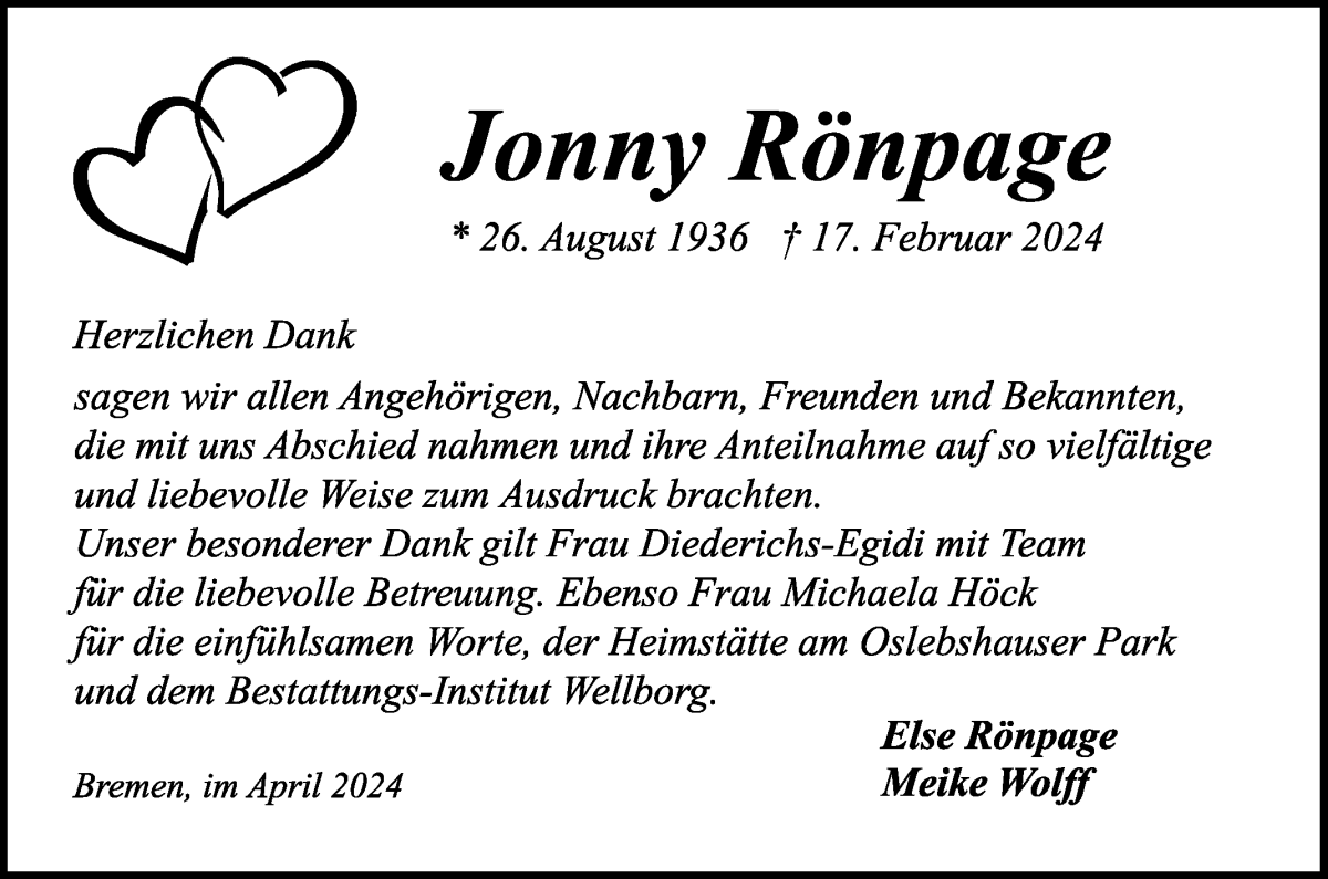 Traueranzeige von Jonny Rönpage von WESER-KURIER