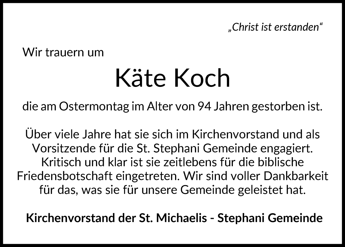 Traueranzeige von Käte Koch von WESER-KURIER