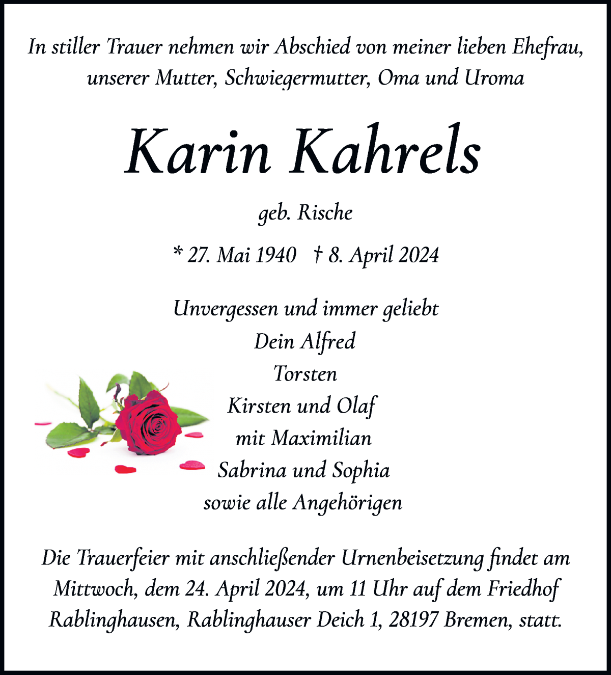 Traueranzeige von Karin Kahrels von WESER-KURIER