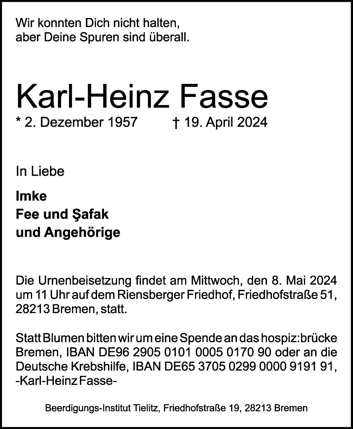Traueranzeige von Karl-Heinz Fasse von WESER-KURIER