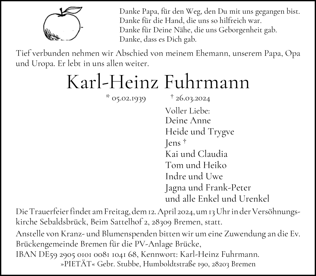 Traueranzeige von Karl-Heinz Fuhrmann von WESER-KURIER