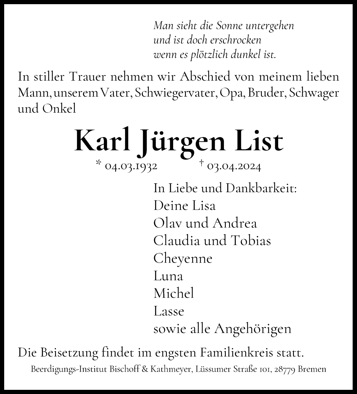 Traueranzeige von Karl Jürgen List von Die Norddeutsche