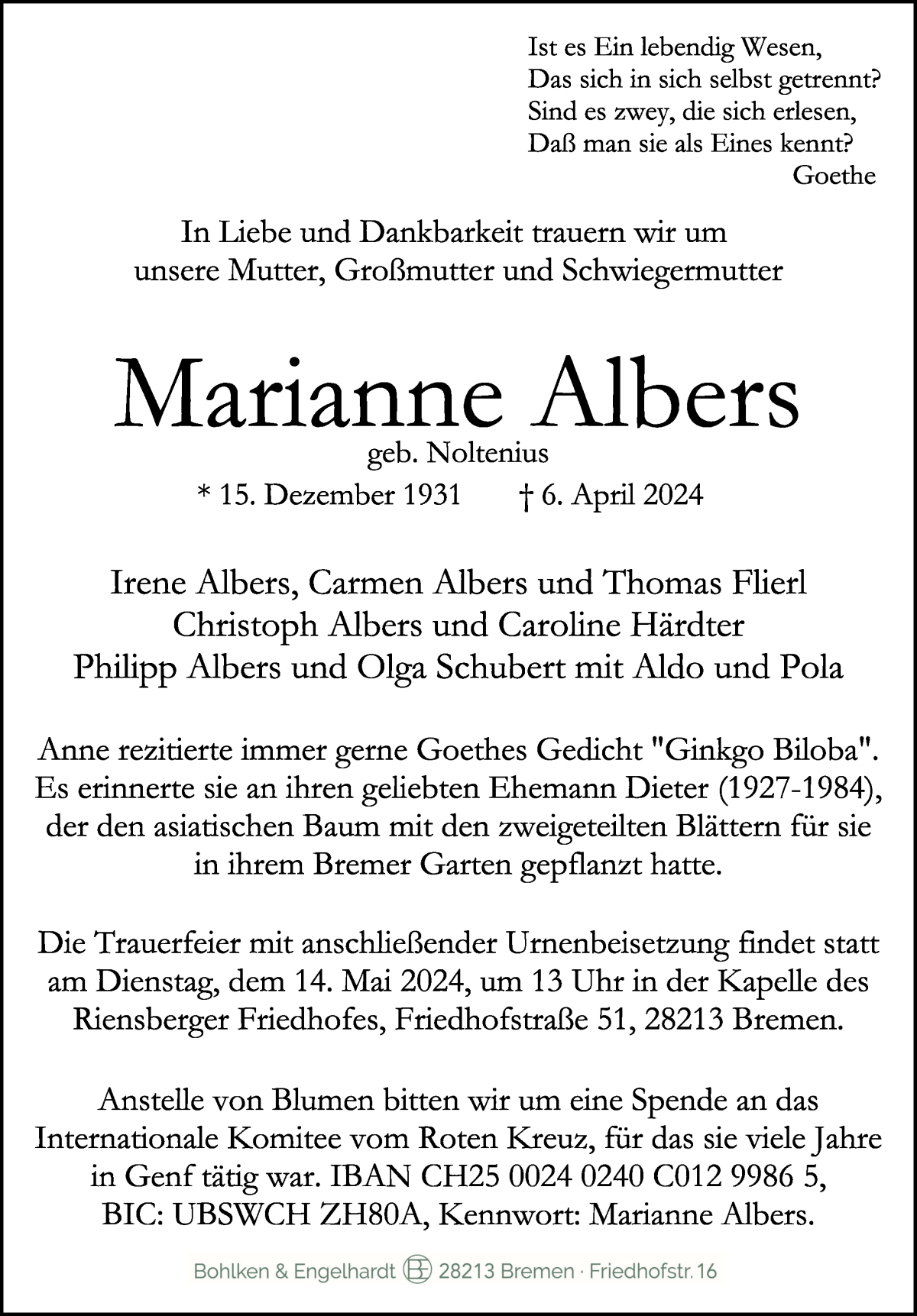 Traueranzeige von Marianne Albers von WESER-KURIER