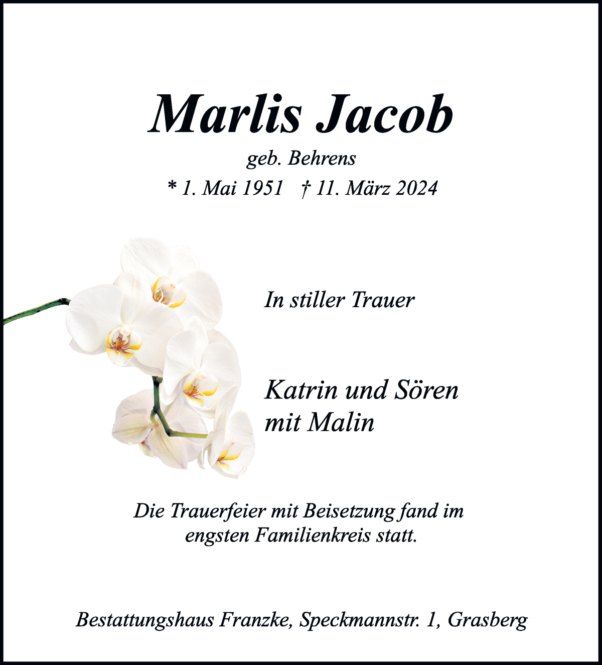 Traueranzeige von Marlies Jacob von Wuemme Zeitung