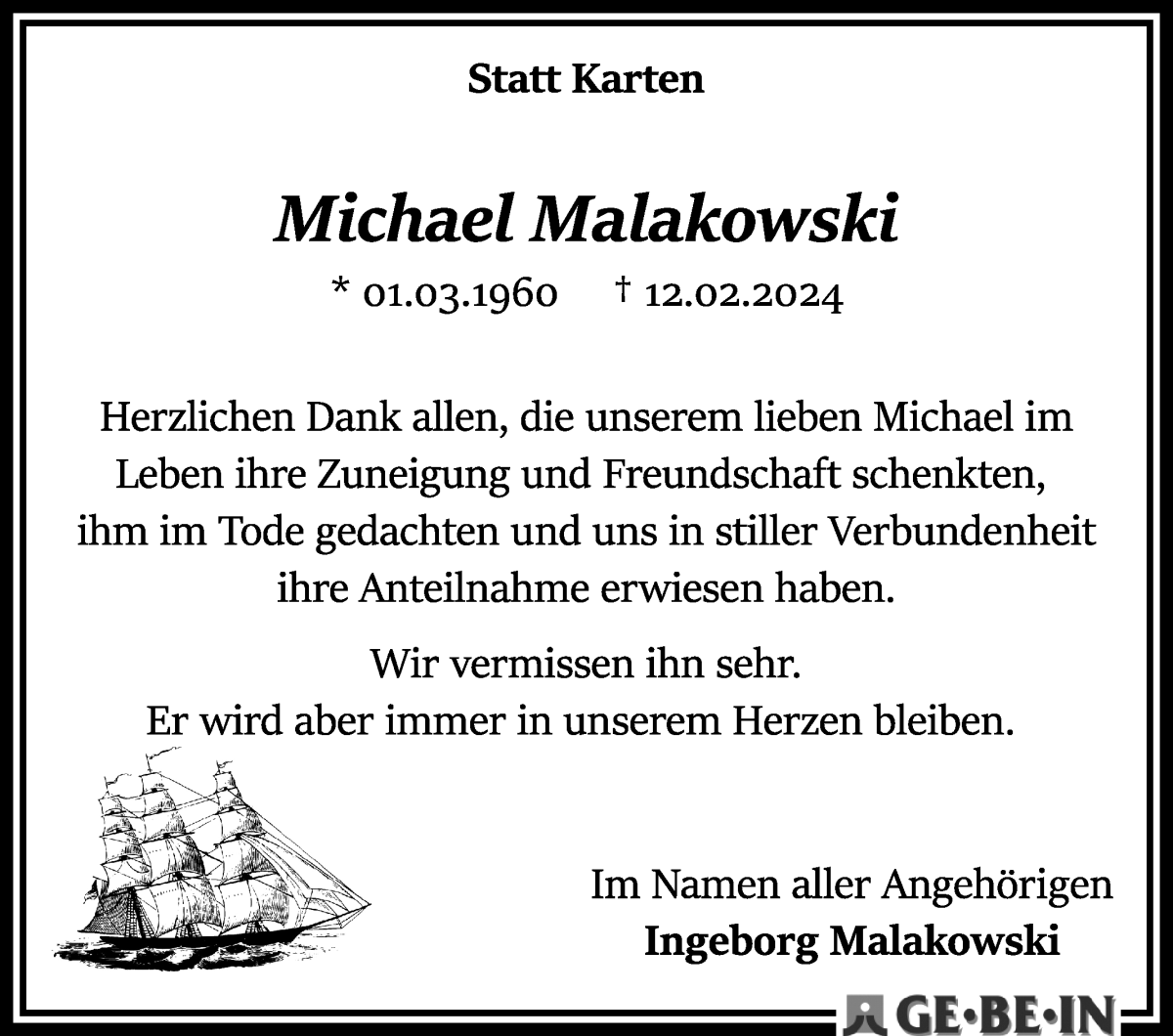 Traueranzeige von Michael Malakowski von WESER-KURIER