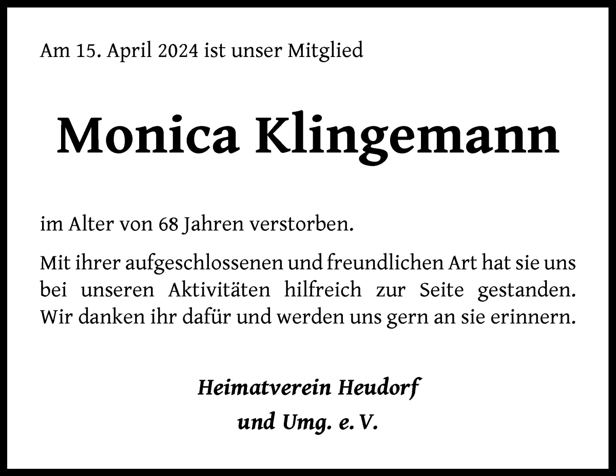 Traueranzeige von Monica Klingemann von Wuemme Zeitung
