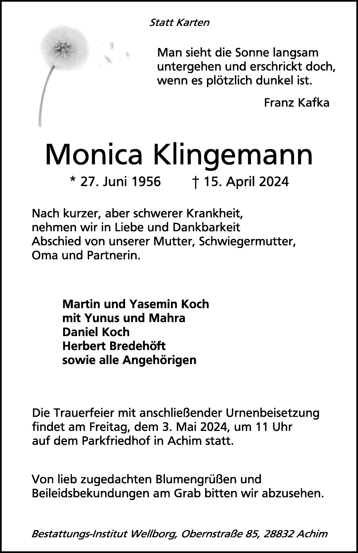 Traueranzeige von Monica Klingemann von WESER-KURIER