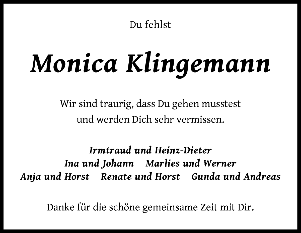 Traueranzeige von Monica Klingemann von Wuemme Zeitung