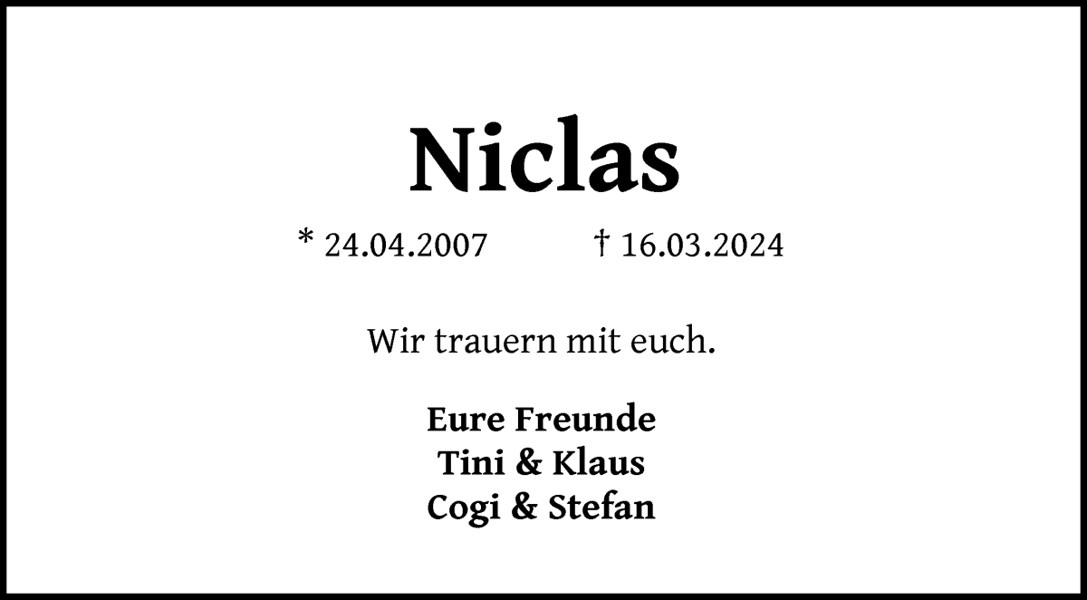Traueranzeige von Niclas Kreyenhop von WESER-KURIER