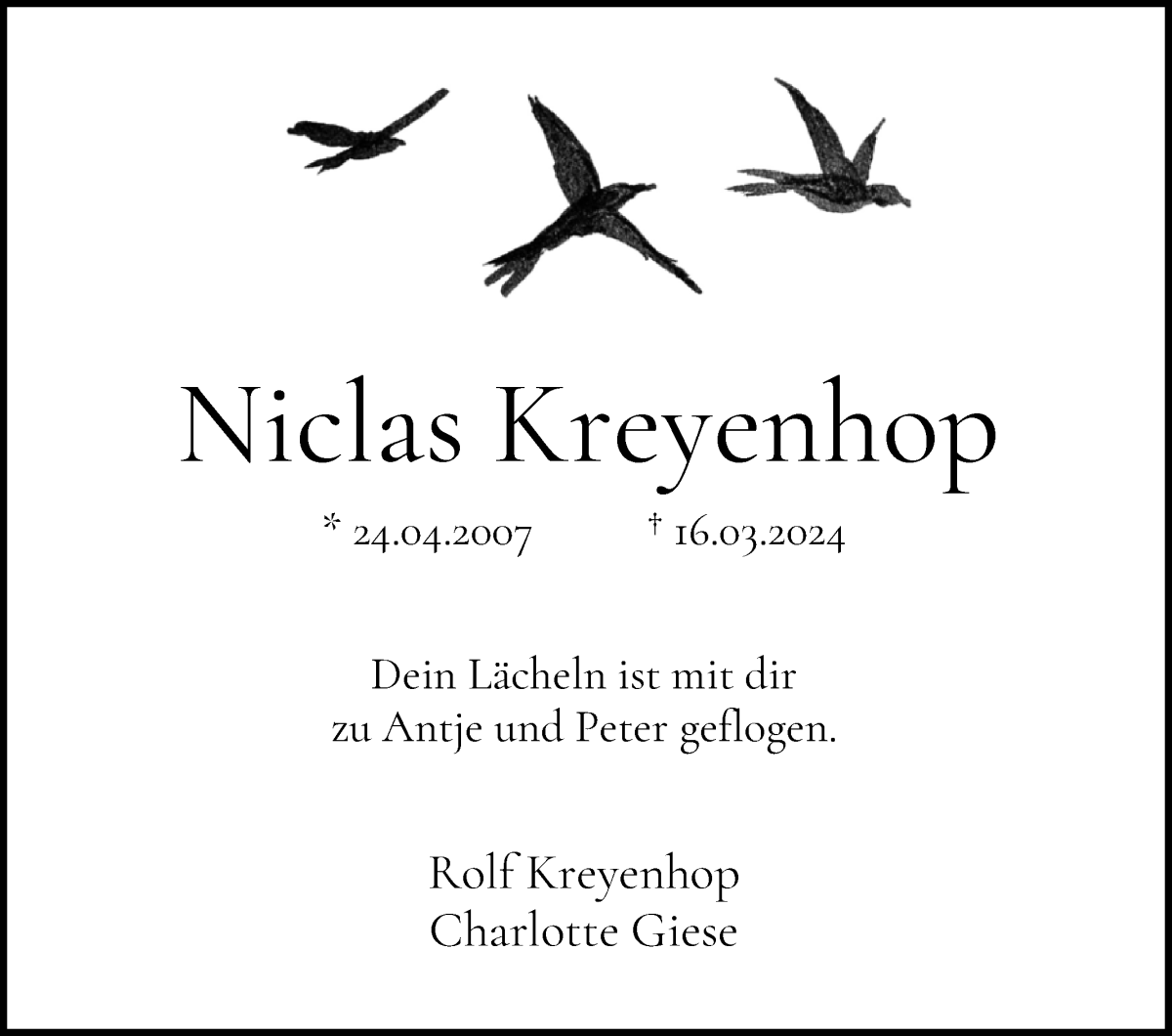 Traueranzeige von Niclas Kreyenhop von WESER-KURIER