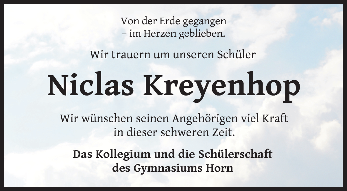 Traueranzeige von Niclas Kreyenhop von WESER-KURIER