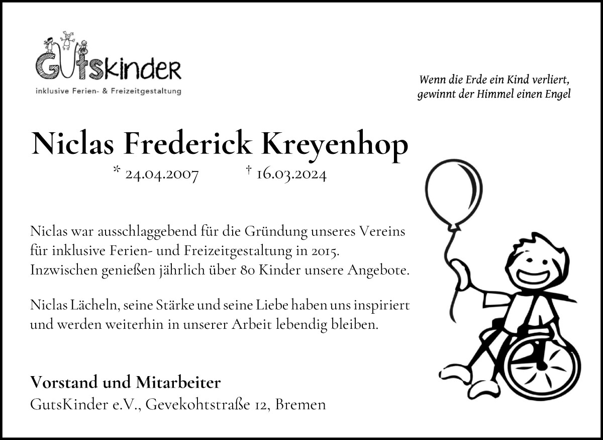 Traueranzeige von Niclas Frederick Kreyenhop von WESER-KURIER