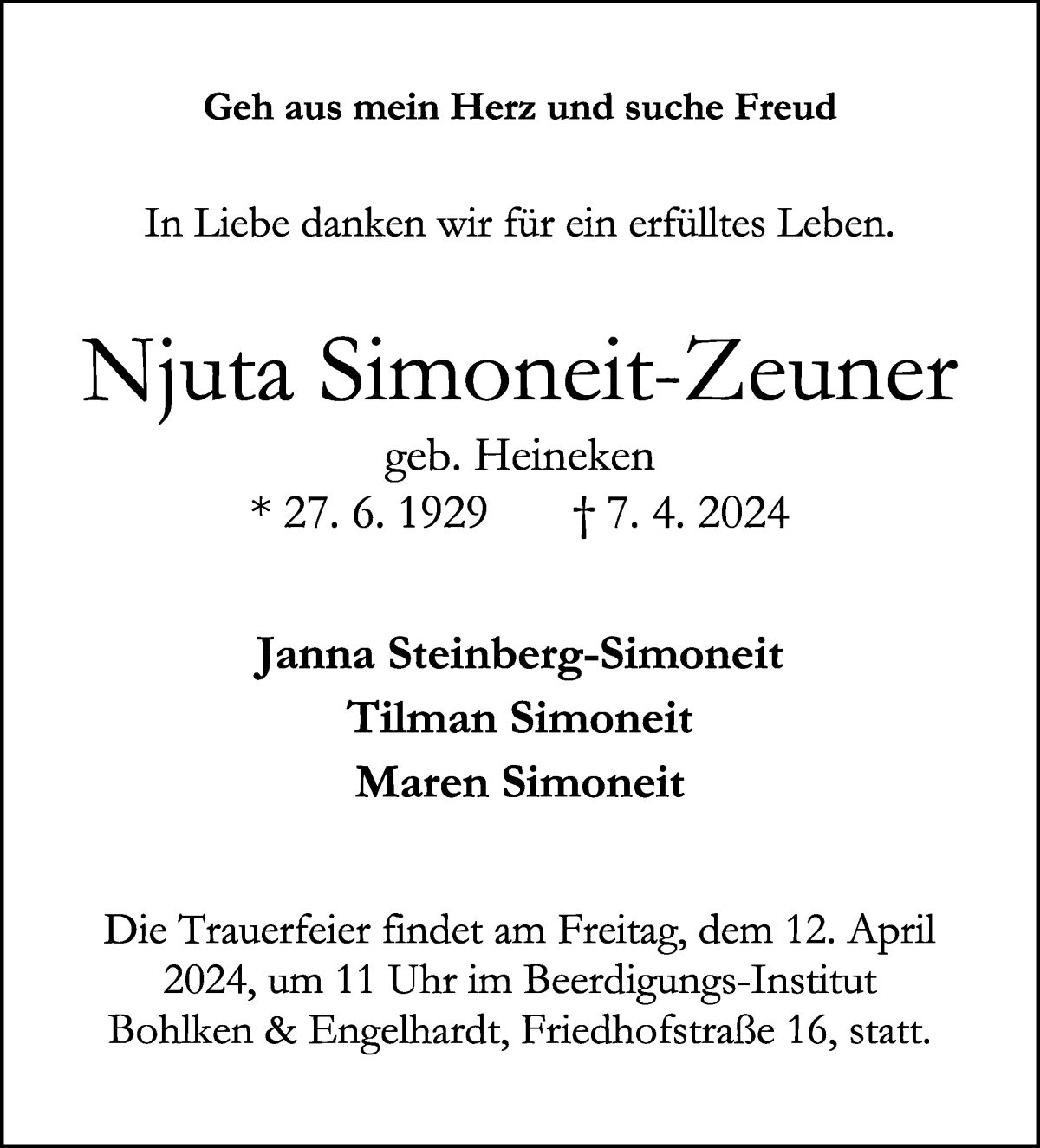 Traueranzeige von Njuta Simoneit-Zeuner von WESER-KURIER