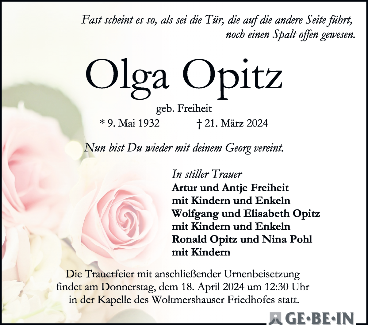 Traueranzeige von Olga Opitz von WESER-KURIER