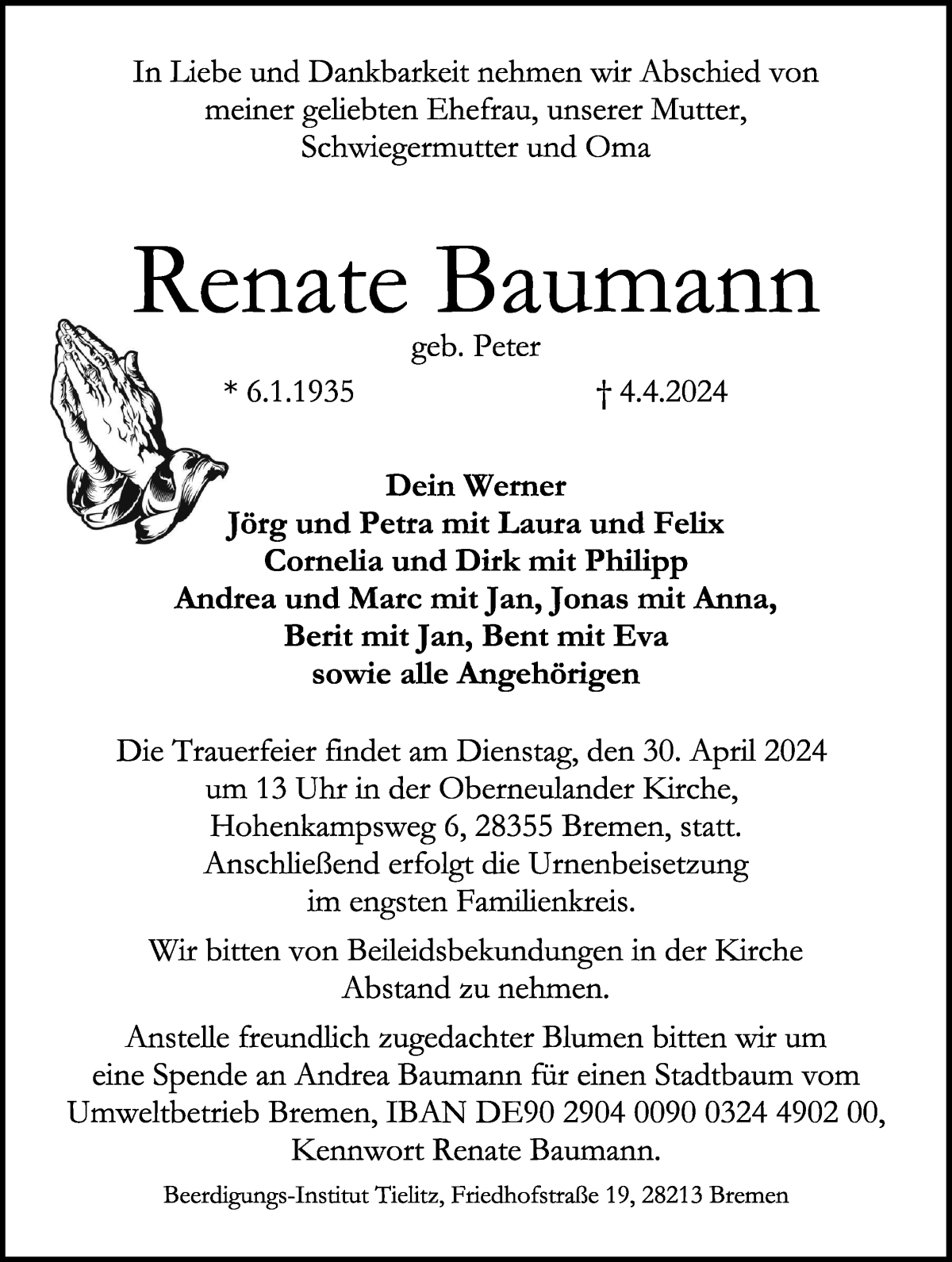 Traueranzeige von Renate Baumann von WESER-KURIER