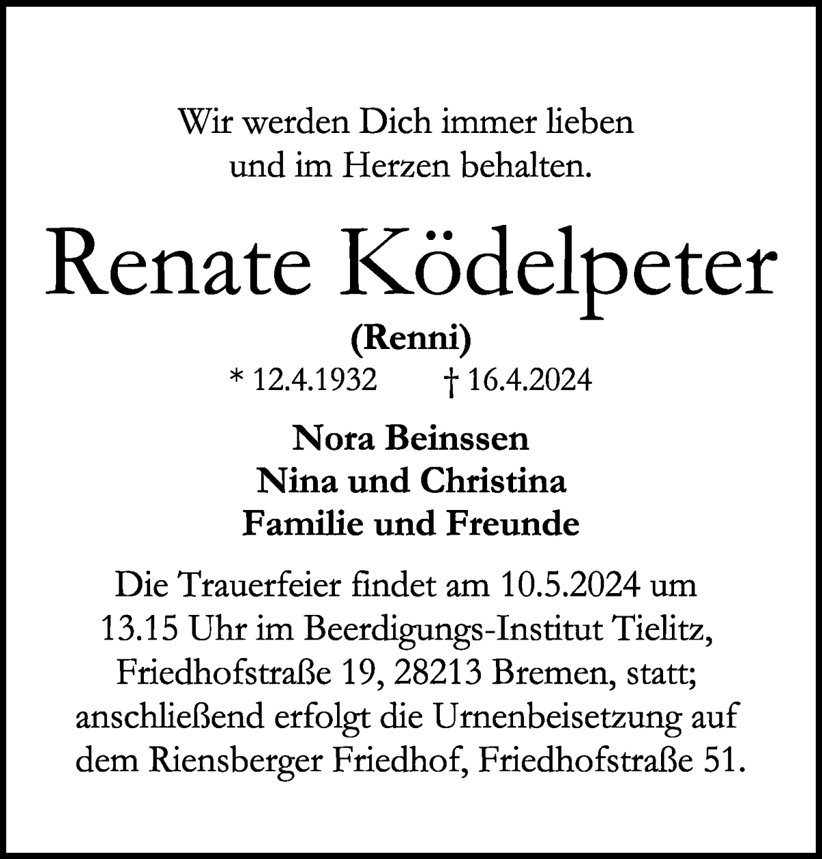 Traueranzeige von Renate Ködelpeter von WESER-KURIER