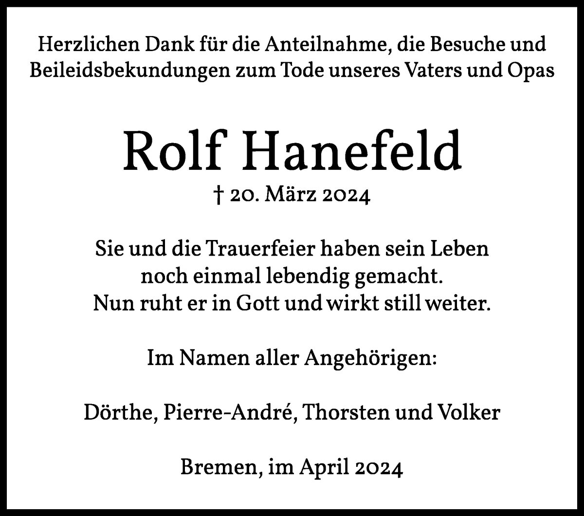 Traueranzeige von Rolf Hanefeld von Die Norddeutsche