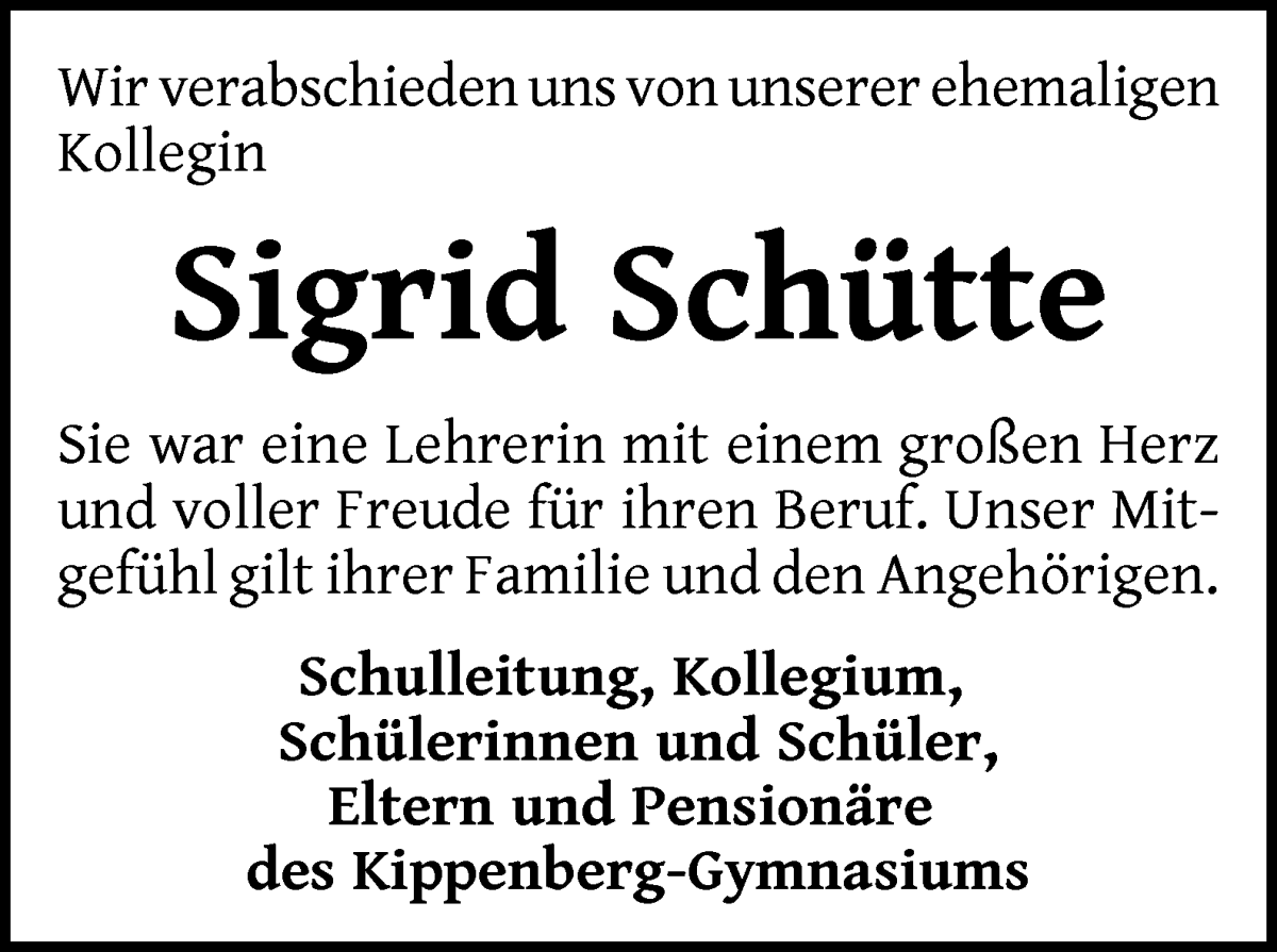 Traueranzeige von Sigrid Schütte von WESER-KURIER