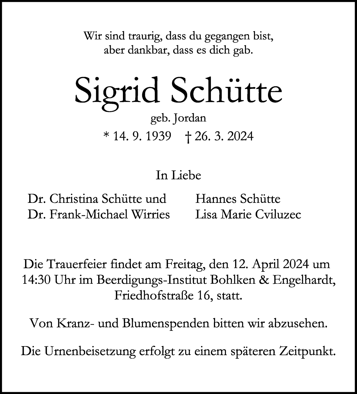 Traueranzeige von Sigrid Schütte von WESER-KURIER