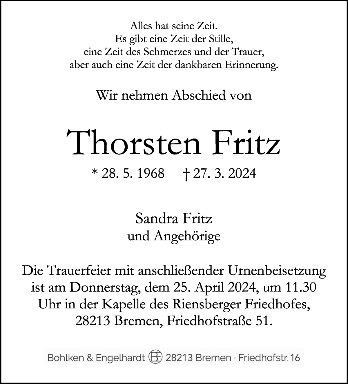 Traueranzeige von Thorsten Fritz von WESER-KURIER