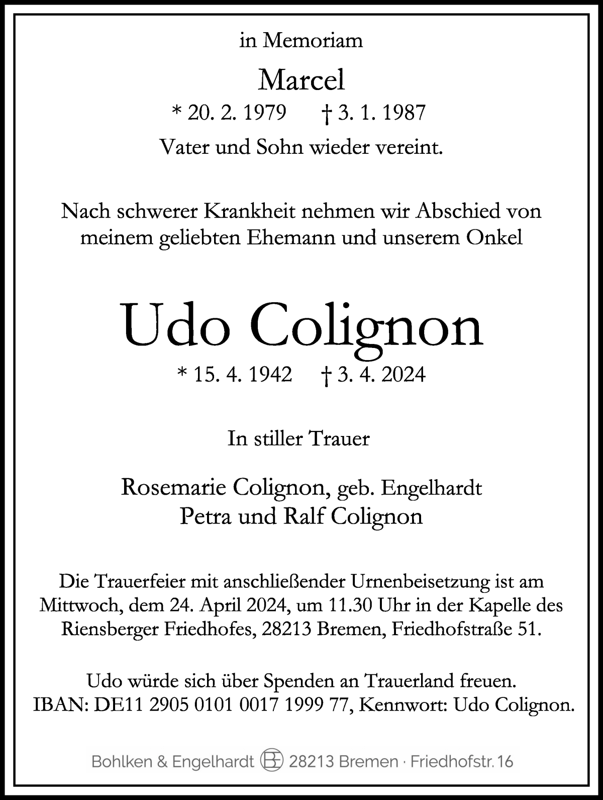 Traueranzeige von Udo Colignon von WESER-KURIER