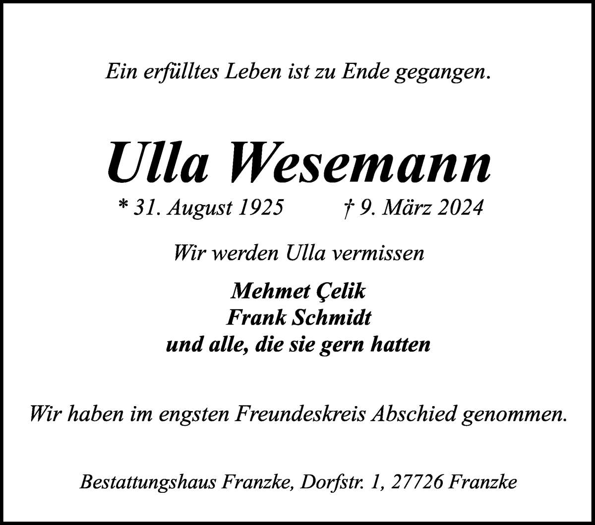 Traueranzeige von Ulla Wesemann von Wuemme Zeitung