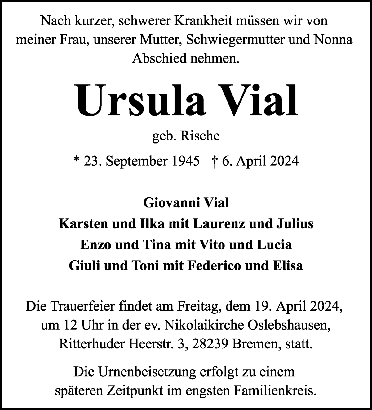Traueranzeige von Ursula Vial von WESER-KURIER