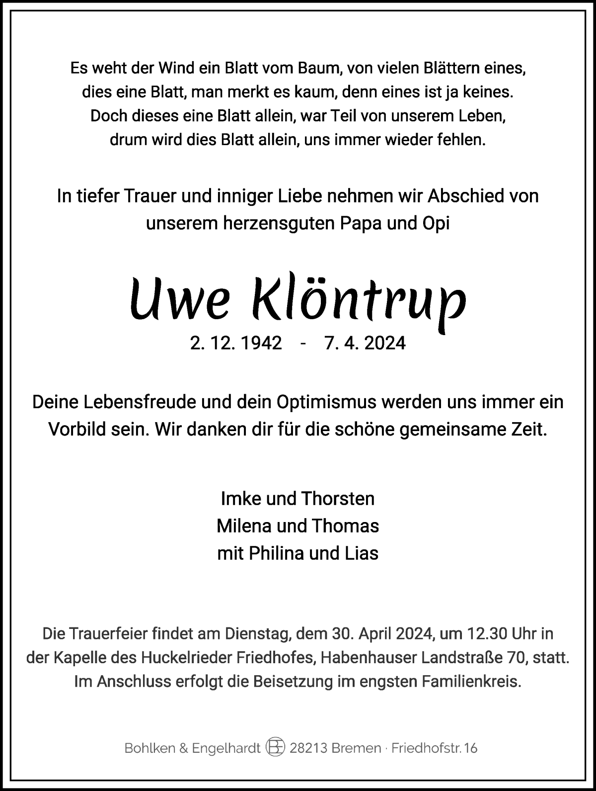 Traueranzeige von Uwe Klöntrup von WESER-KURIER