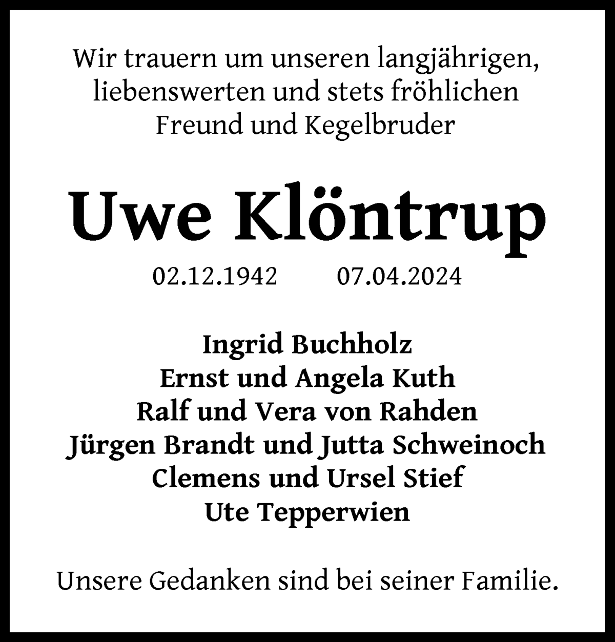 Traueranzeige von Uwe Klöntrup von WESER-KURIER