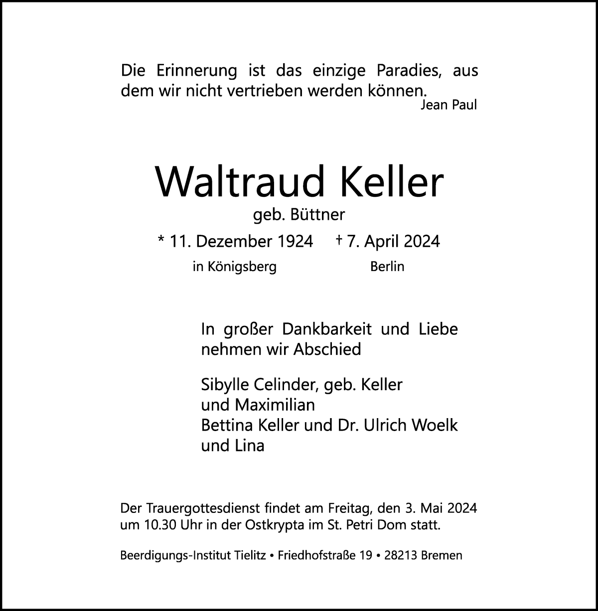 Traueranzeige von Waltraud Keller von WESER-KURIER