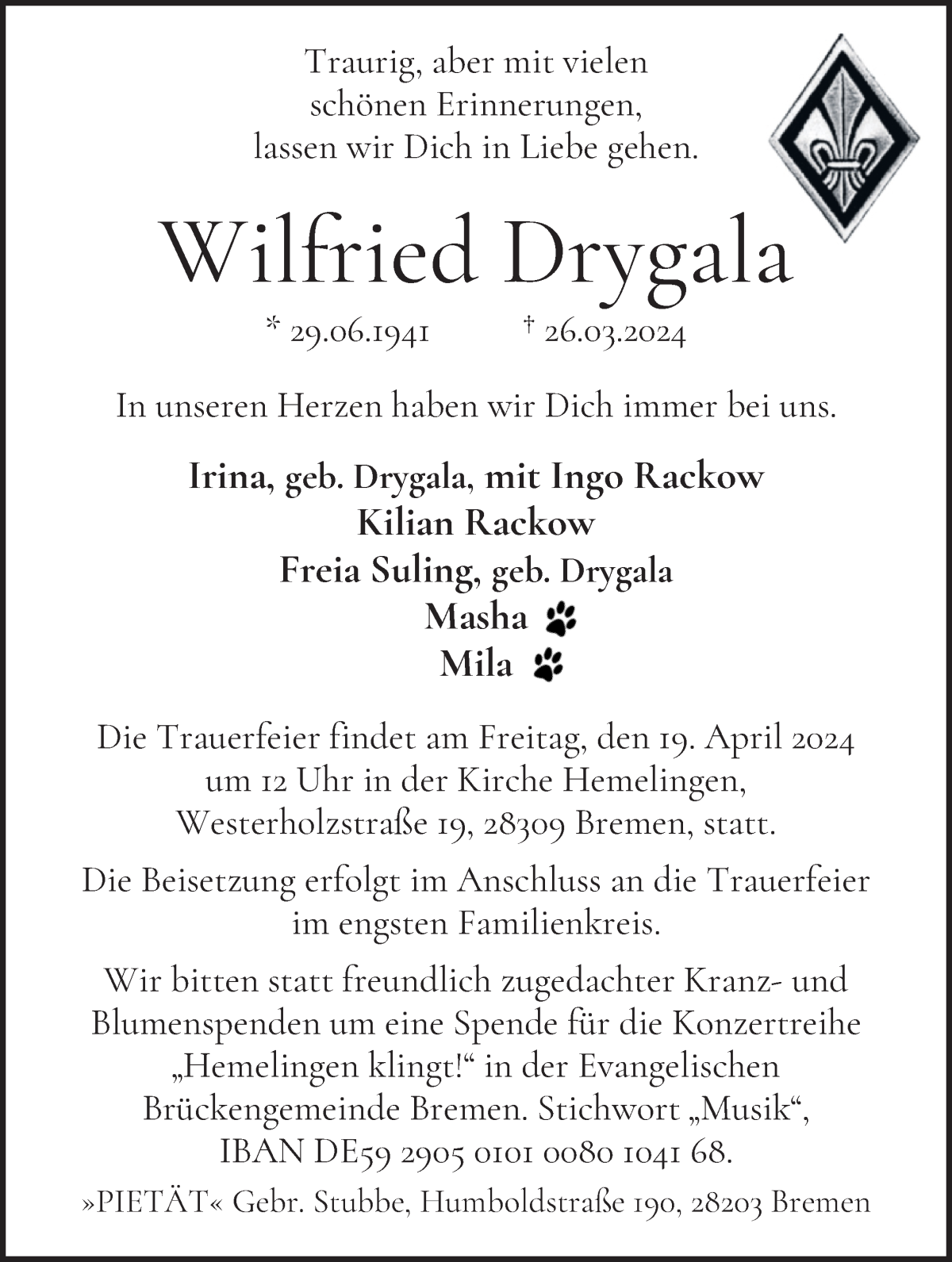 Traueranzeige von Wilfried Drygala von WESER-KURIER