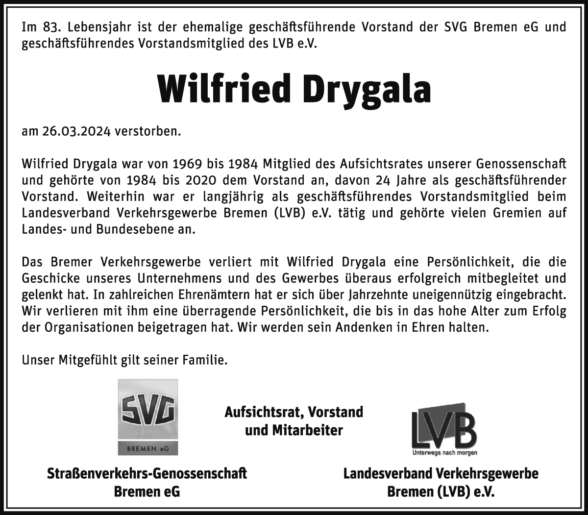 Traueranzeige von Wilfried Drygala von WESER-KURIER