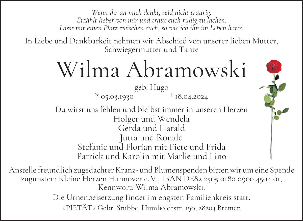 Traueranzeige von Wilma Abramowski von WESER-KURIER