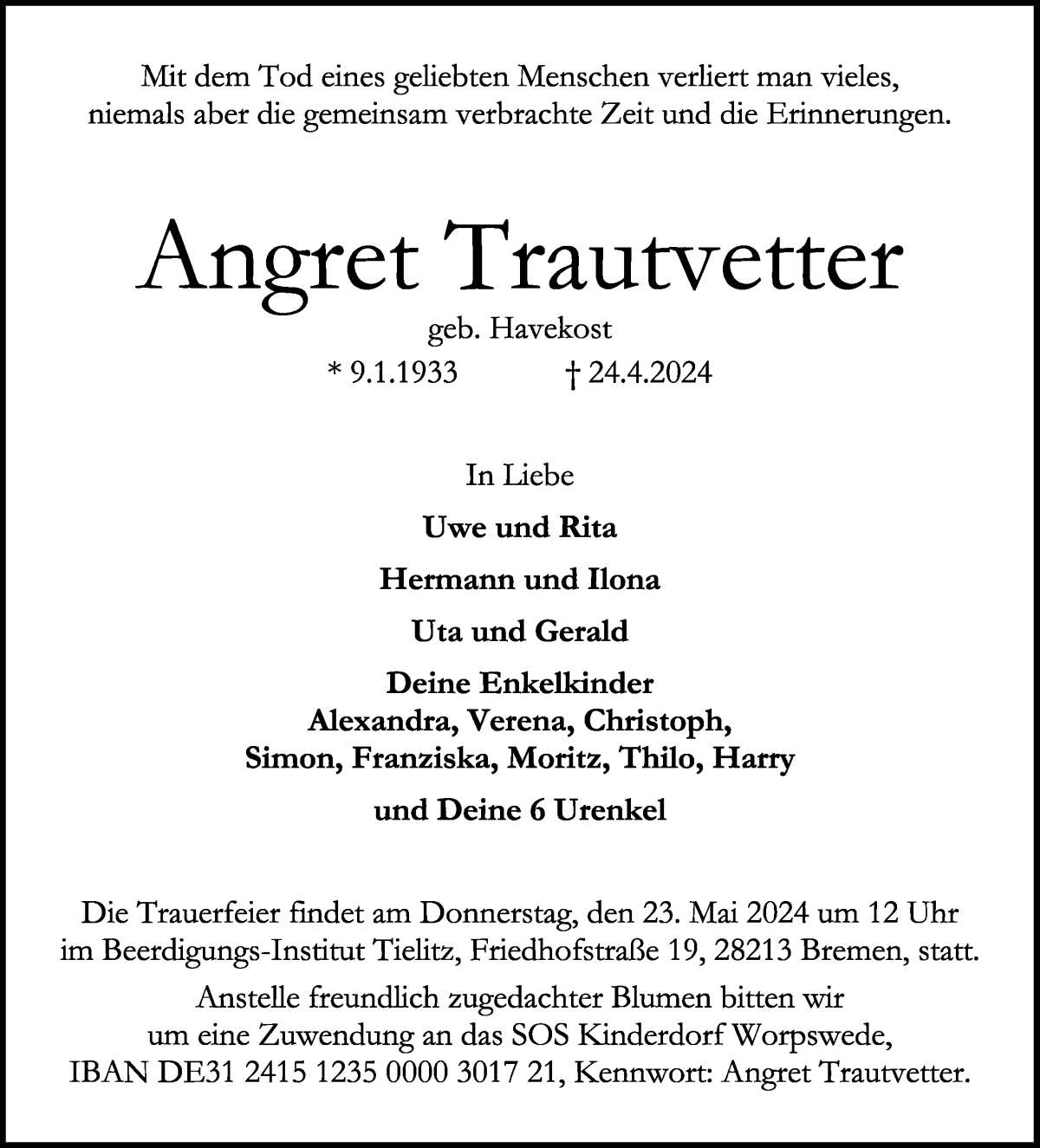 Traueranzeige von Angret Trautvetter von WESER-KURIER