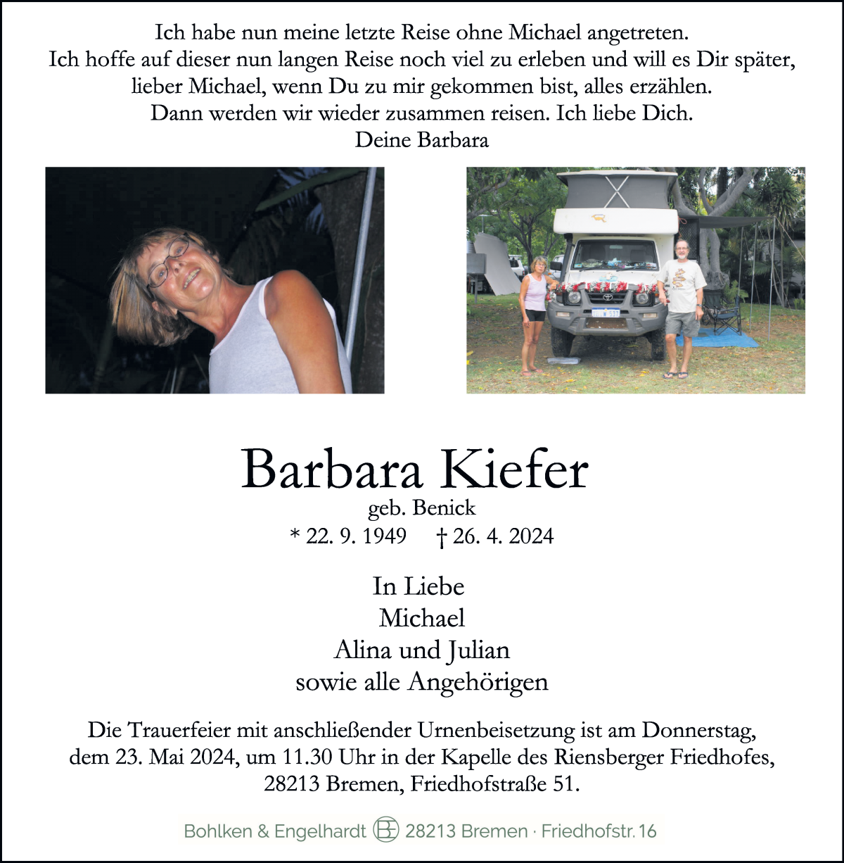 Traueranzeige von Barbara Kiefer von WESER-KURIER