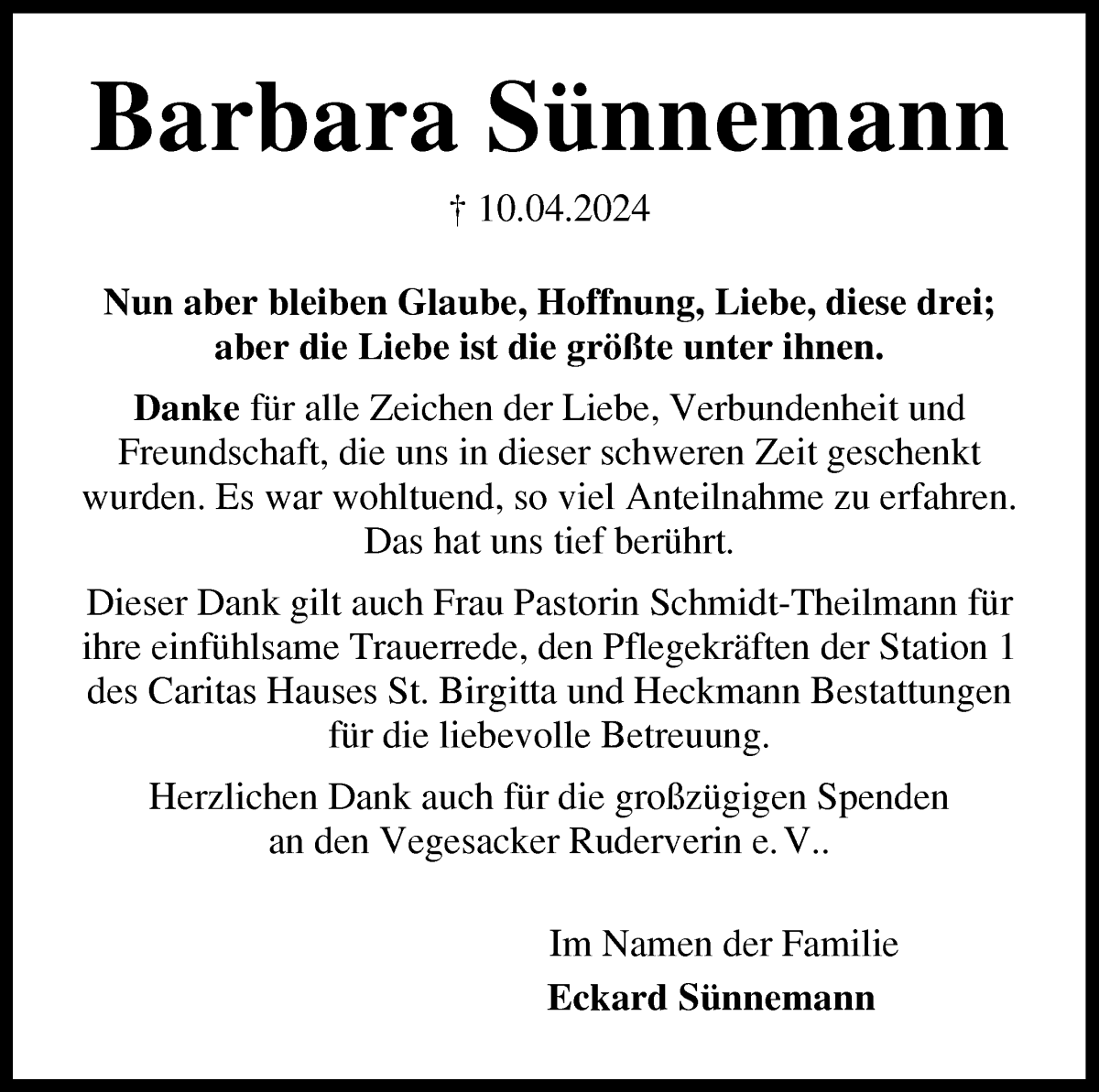 Traueranzeige von Barbara Sünnemann von Die Norddeutsche