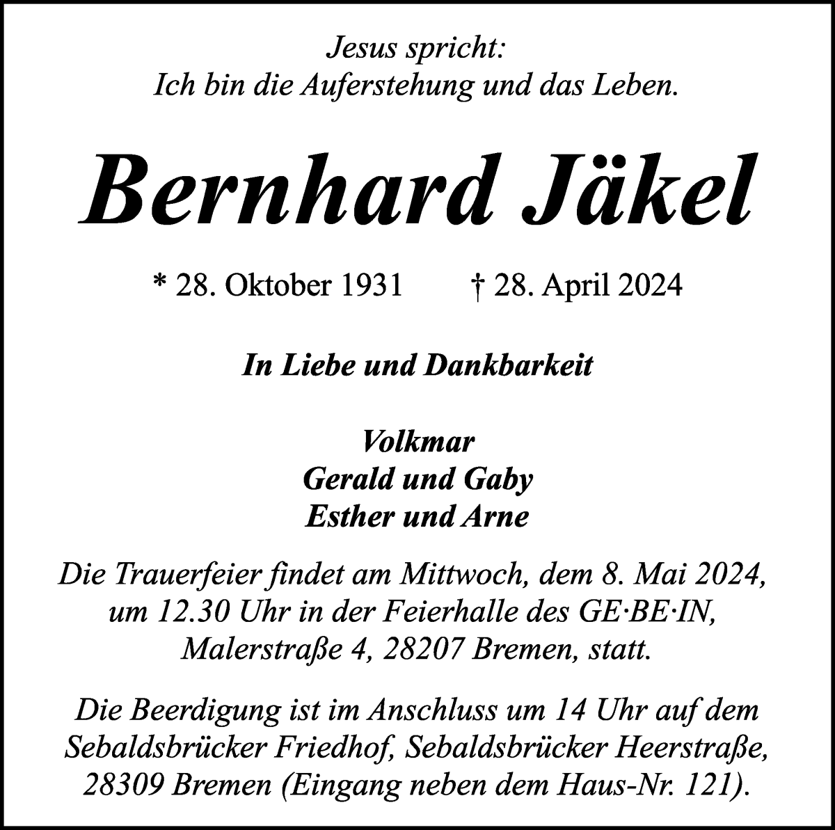 Traueranzeige von Bernhard Jäkel von WESER-KURIER