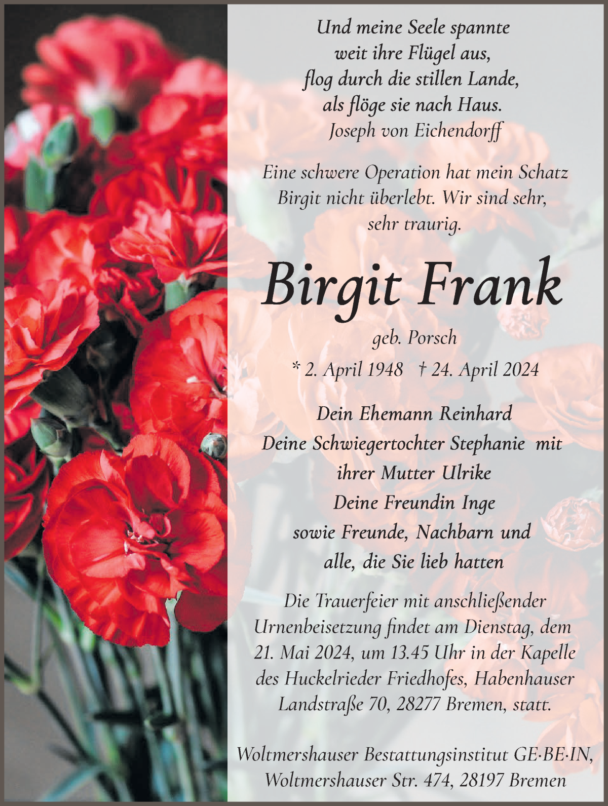 Traueranzeige von Birgit Frank von WESER-KURIER
