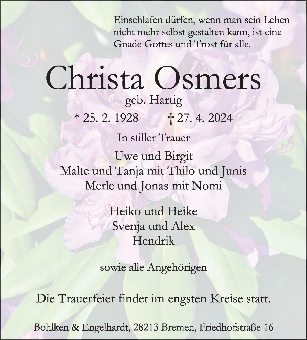 Traueranzeige von Christa Osmers von WESER-KURIER